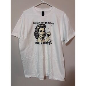 Handmade Gildan T Shirt Womens Large White Glitter‎ Wine Anxiety Graphic Tee new
